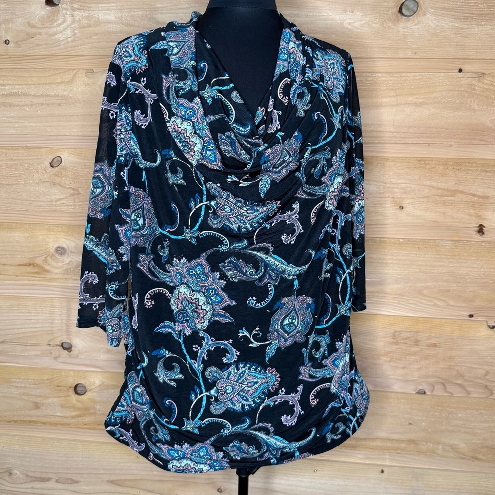 Dana Buchman Black and Blue Paisley Cowl Neck Blouse semi sheer w/ liner